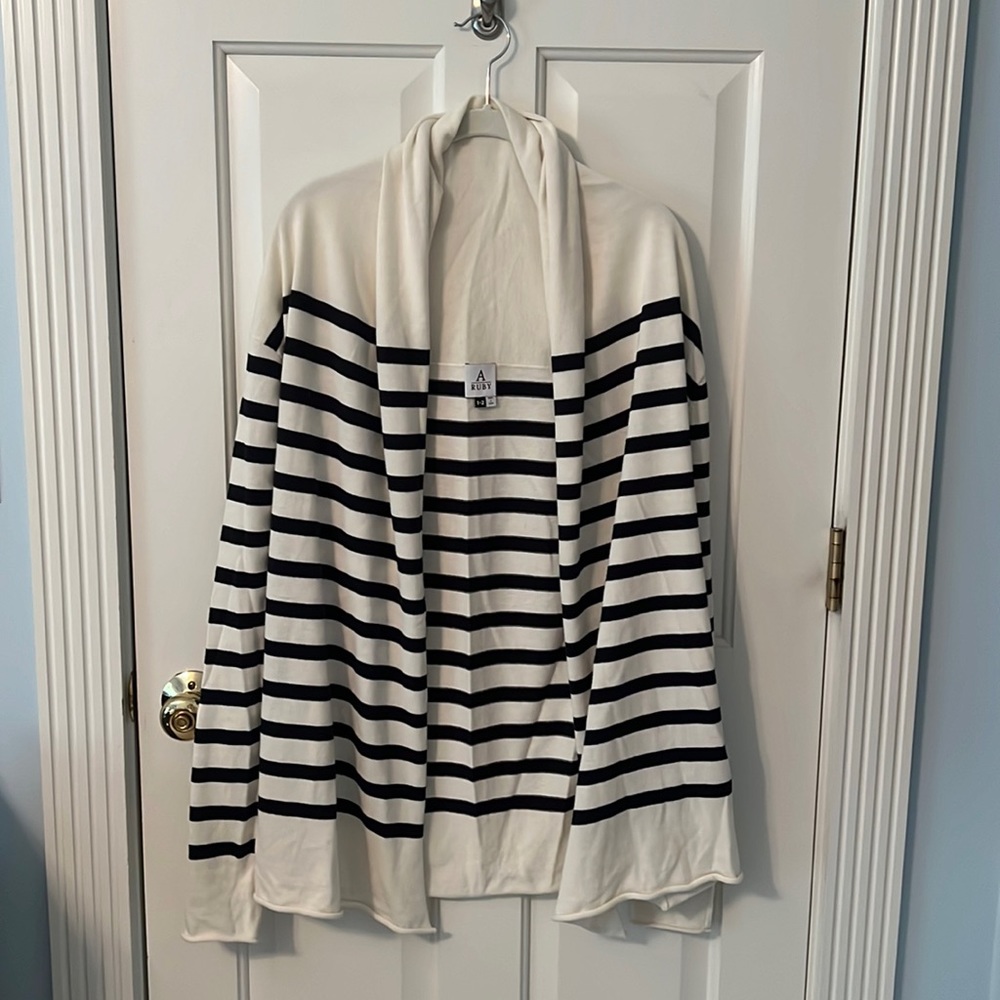 A Ruby, Navy and Cream Striped Cardigan, size 1-2 which is a small/medium